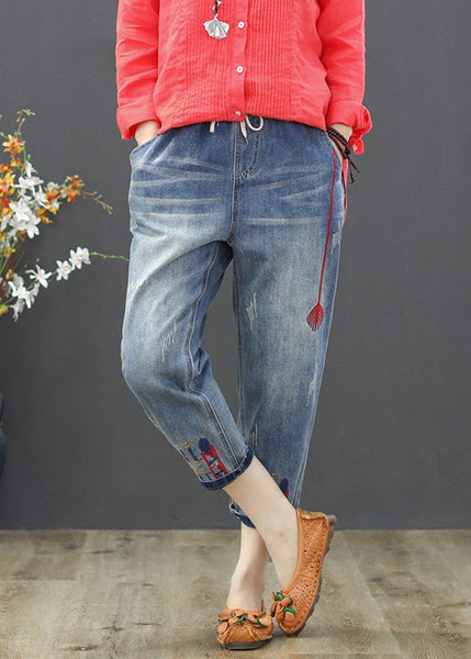 Vintage Light Blue Embroideried Tie Waist Crop Jeans Summer TY1015