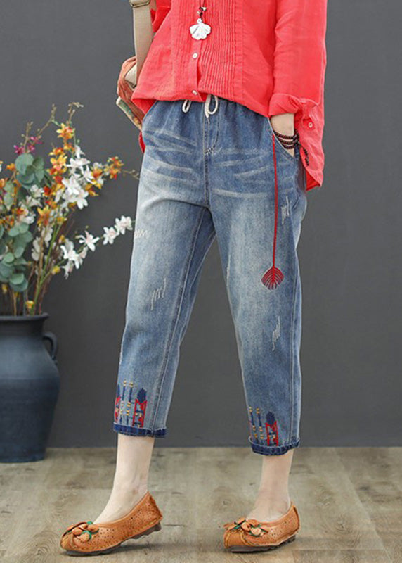 Vintage Light Blue Embroideried Tie Waist Crop Jeans Summer TY1015