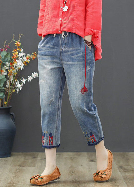 Vintage Light Blue Embroideried Tie Waist Crop Jeans Summer TY1015