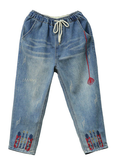 Vintage Light Blue Embroideried Tie Waist Crop Jeans Summer TY1015