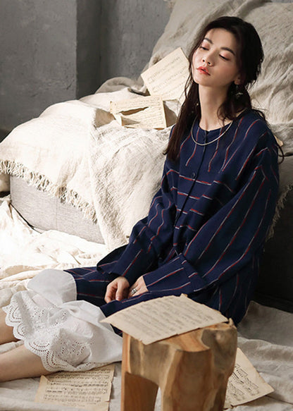 Vintage Navy Blue O-Neck Striped Patchwork Cozy Cotton Long Dress Long Sleeve TO1033