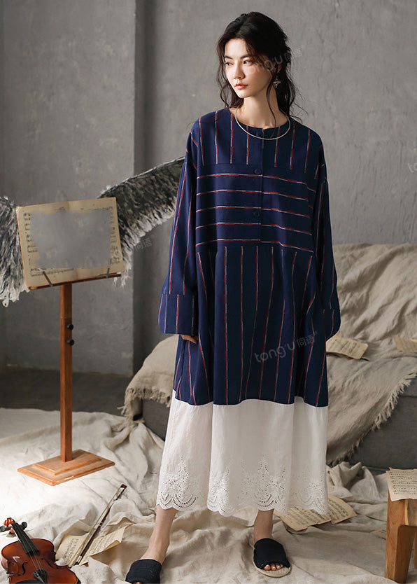 Vintage Navy Blue O-Neck Striped Patchwork Cozy Cotton Long Dress Long Sleeve TO1033