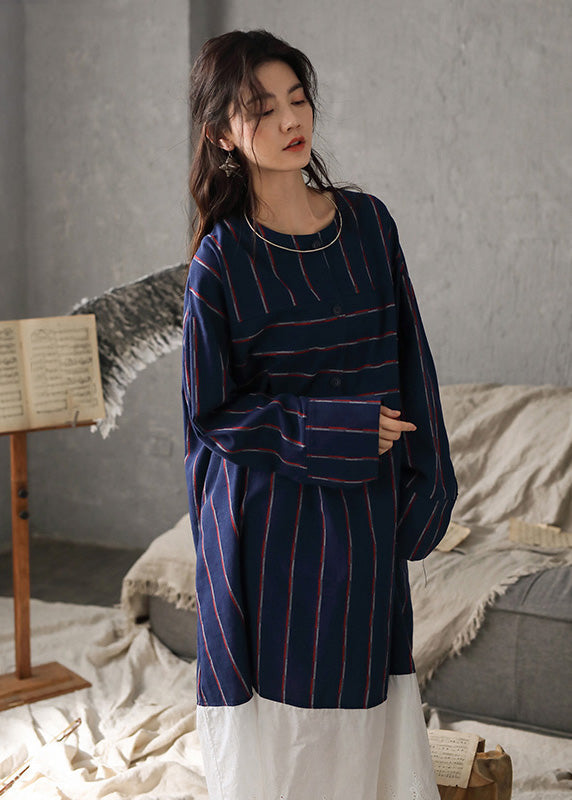 Vintage Navy Blue O-Neck Striped Patchwork Cozy Cotton Long Dress Long Sleeve TO1033