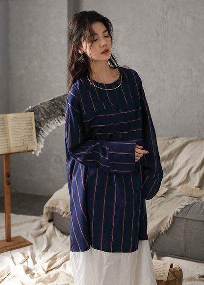 Vintage Navy Blue O-Neck Striped Patchwork Cozy Cotton Long Dress Long Sleeve TO1033