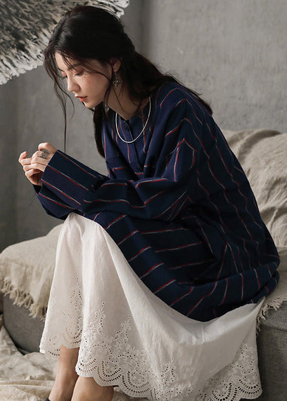 Vintage Navy Blue O-Neck Striped Patchwork Cozy Cotton Long Dress Long Sleeve TO1033