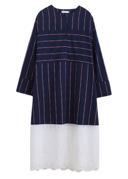 Vintage Navy Blue O-Neck Striped Patchwork Cozy Cotton Long Dress Long Sleeve TO1033