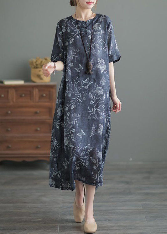 Vintage Navy O Neck Print Pockets Patchwork Linen Long Dresses Summer TP1002