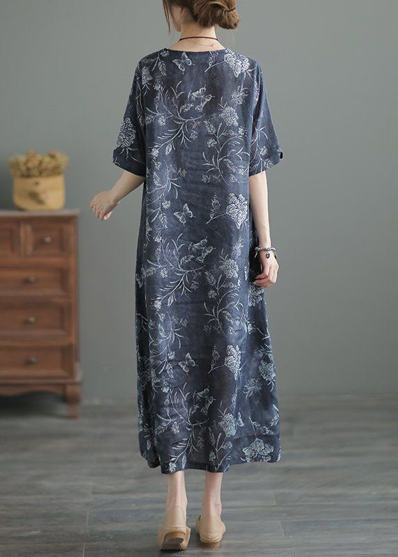 Vintage Navy O Neck Print Pockets Patchwork Linen Long Dresses Summer TP1002