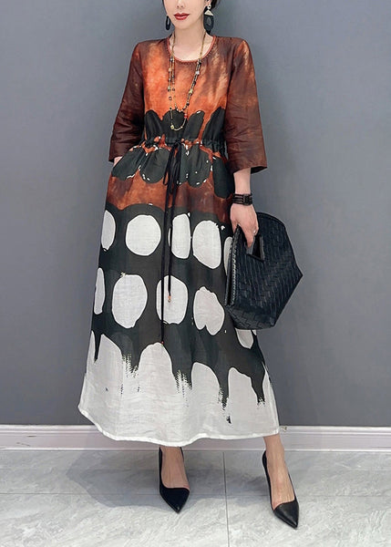 Vintage O-Neck Cinched Print Long Dress Bracelet  Sleeve LY0567