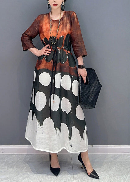 Vintage O-Neck Cinched Print Long Dress Bracelet  Sleeve LY0567