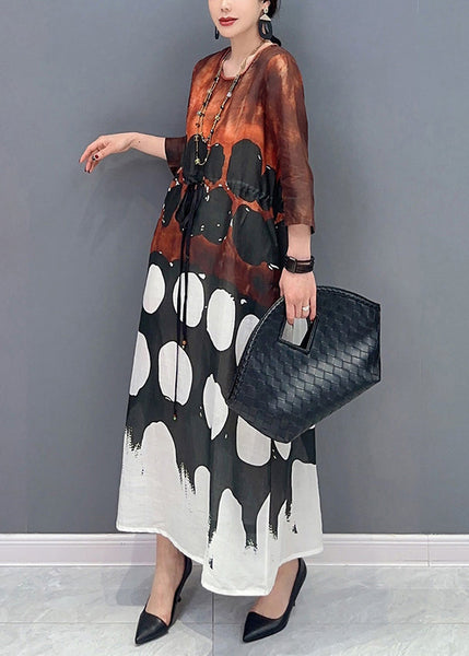 Vintage O-Neck Cinched Print Long Dress Bracelet  Sleeve LY0567