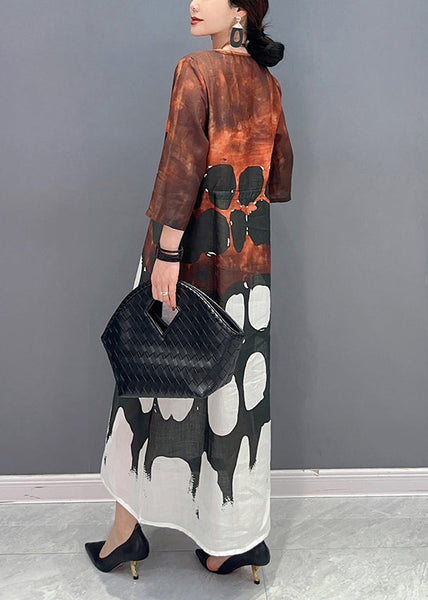 Vintage O-Neck Cinched Print Long Dress Bracelet  Sleeve LY0567