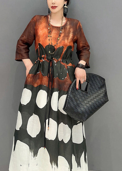 Vintage O-Neck Cinched Print Long Dress Bracelet  Sleeve LY0567