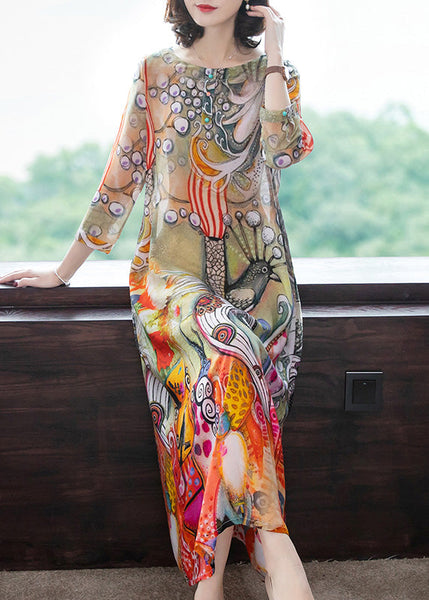 Vintage O-Neck Print Silk Vacation Long Dresses Long Sleeve LY1782
