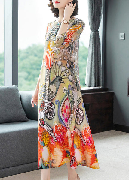 Vintage O-Neck Print Silk Vacation Long Dresses Long Sleeve LY1782