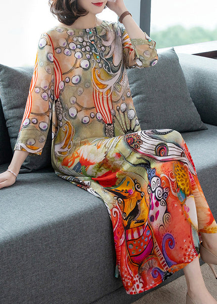 Vintage O-Neck Print Silk Vacation Long Dresses Long Sleeve LY1782