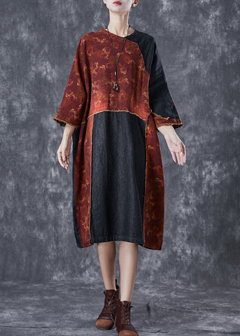 Vintage Orange Asymmetrical Denim Patchwork Linen Dress Summer TD1032