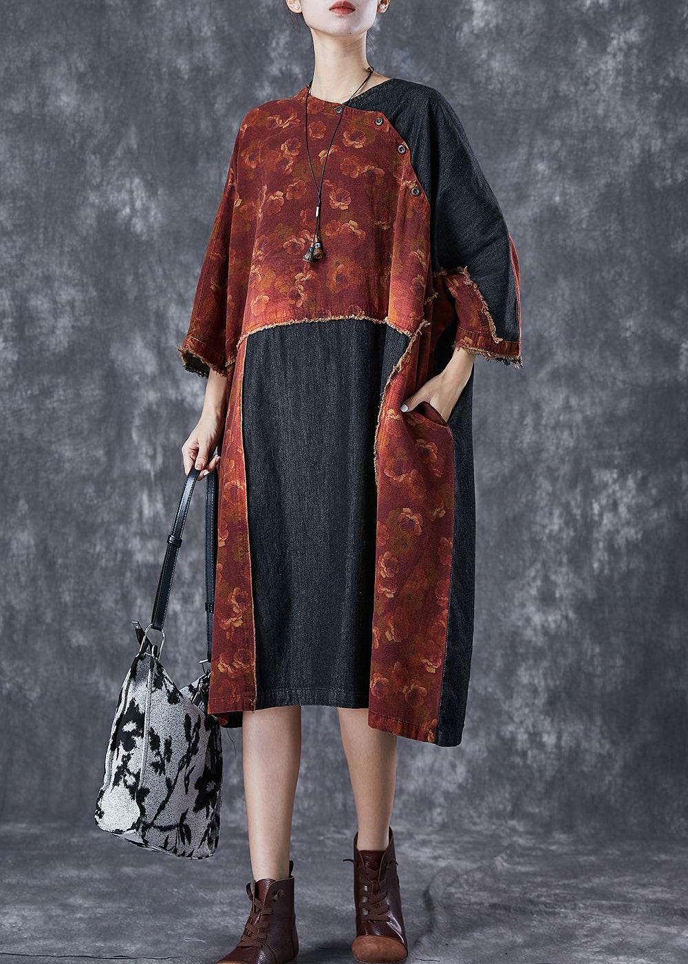 Vintage Orange Asymmetrical Denim Patchwork Linen Dress Summer TD1032