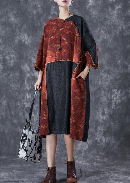 Vintage Orange Asymmetrical Denim Patchwork Linen Dress Summer TD1032