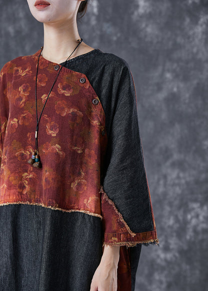 Vintage Orange Asymmetrical Denim Patchwork Linen Dress Summer TD1032