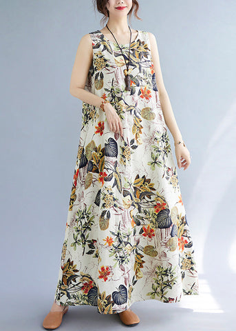 Vintage Orange Floral Leaves Print O-Neck Short Sleeve Bohemia Pleated Maxi Dress LC0047