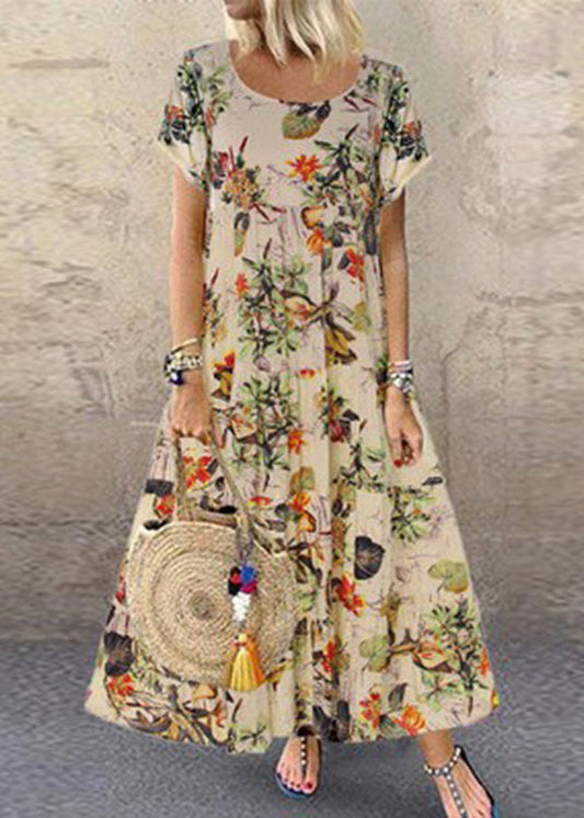 Vintage Orange O-Neck Print Patchwork Maxi Dress Short Sleeve LC0004
