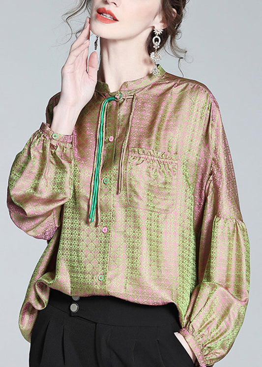 Vintage Pink Green Stand Collar Print Button Slik Shirts Lantern Sleeve LY0104