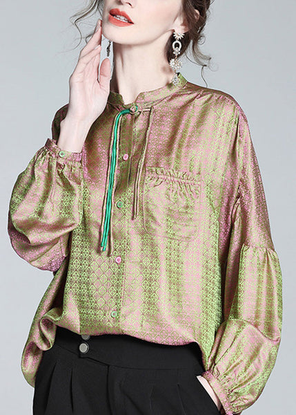 Vintage Pink Green Stand Collar Print Button Slik Shirts Lantern Sleeve LY0104