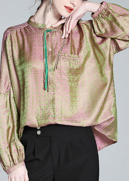 Vintage Pink Green Stand Collar Print Button Slik Shirts Lantern Sleeve LY0104