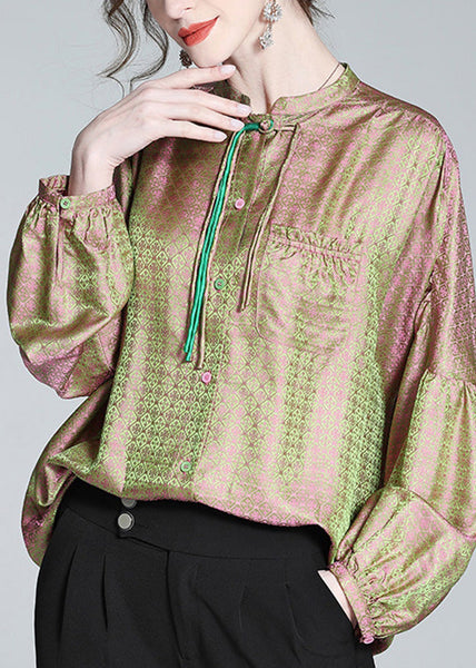 Vintage Pink Green Stand Collar Print Button Slik Shirts Lantern Sleeve LY0104