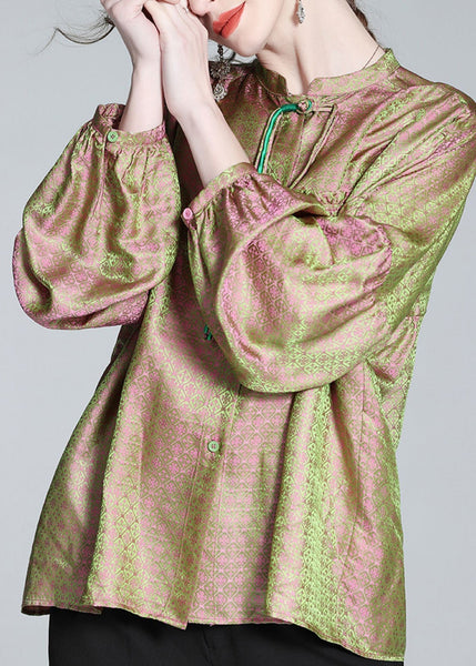 Vintage Pink Green Stand Collar Print Button Slik Shirts Lantern Sleeve LY0104