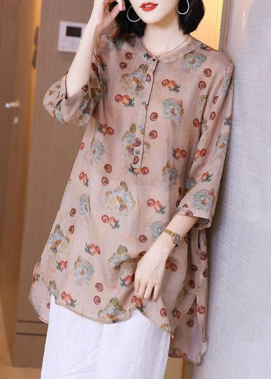 Vintage Pink Print Pockets Patchwork Linen Blouse Top Summer TP1017