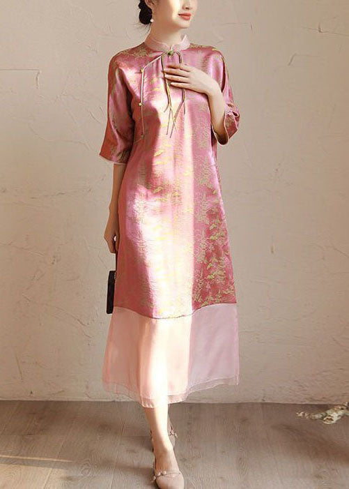 Vintage Pink Stand Collar Tasseled Print Patchwork Silk Long Dress Summer TI1018