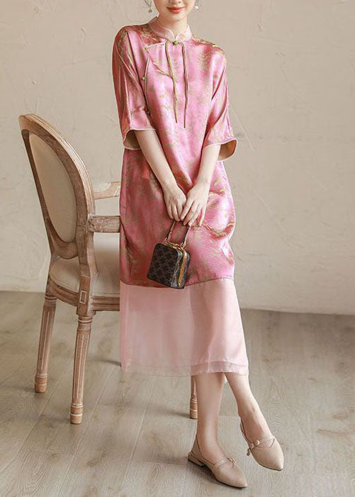 Vintage Pink Stand Collar Tasseled Print Patchwork Silk Long Dress Summer TI1018