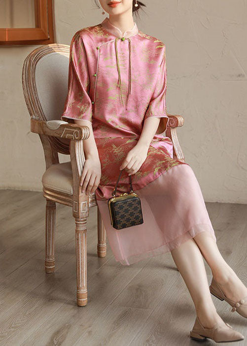 Vintage Pink Stand Collar Tasseled Print Patchwork Silk Long Dress Summer TI1018
