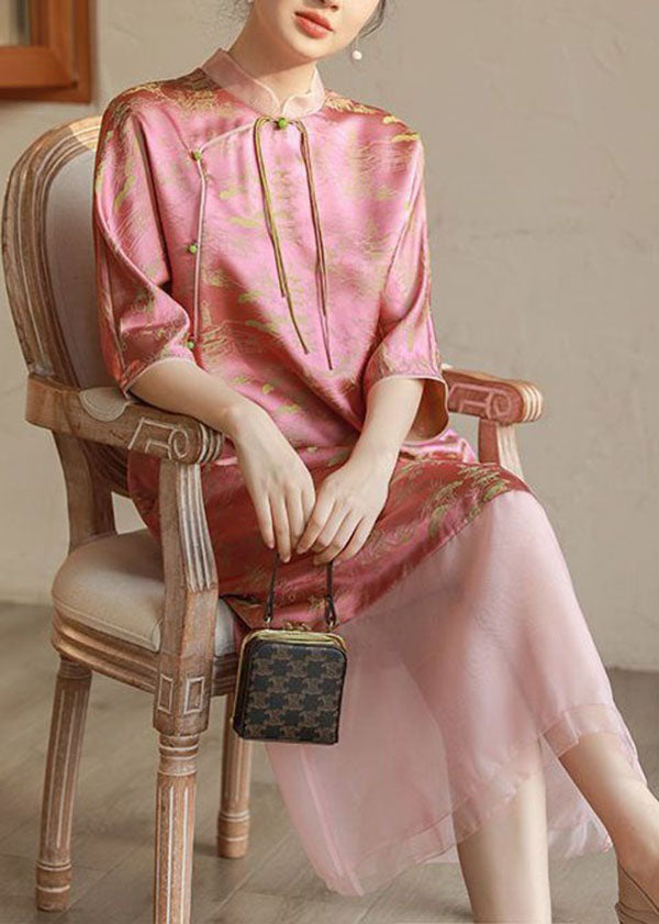 Vintage Pink Stand Collar Tasseled Print Patchwork Silk Long Dress Summer TI1018