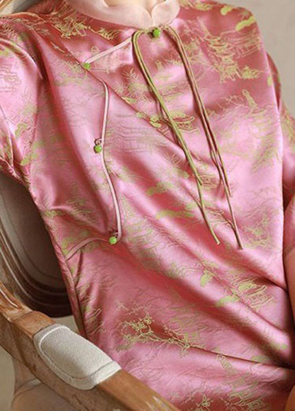 Vintage Pink Stand Collar Tasseled Print Patchwork Silk Long Dress Summer TI1018