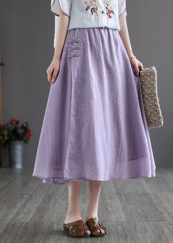 Vintage Purple Elastic Waist Embroideried Linen Skirt Spring TG1050