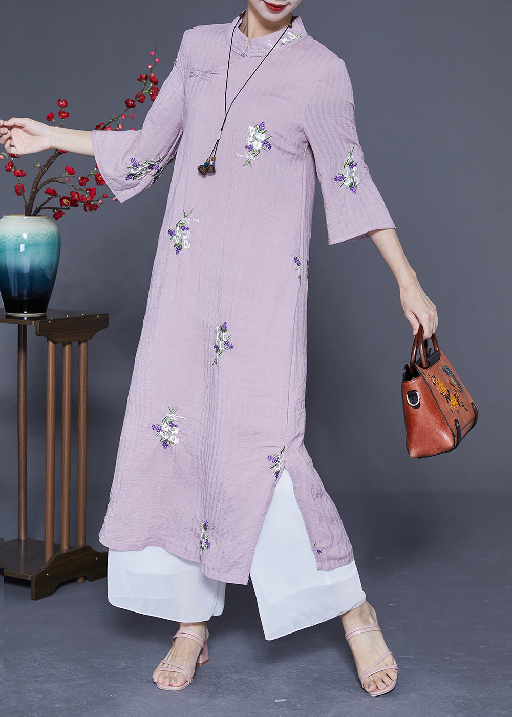 Vintage Purple Embroideried Chinese Button Linen Long Dresses Bracelet Sleeve LY1845