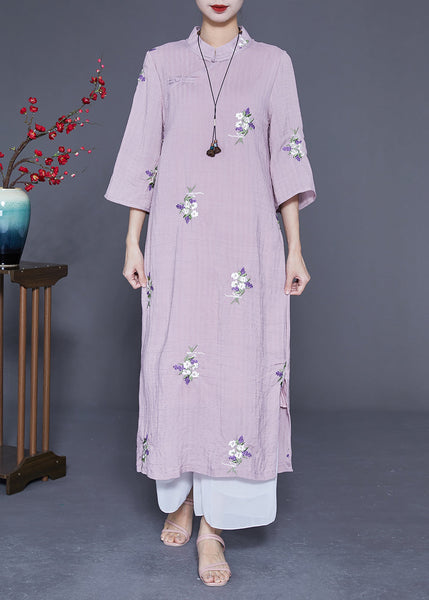 Vintage Purple Embroideried Chinese Button Linen Long Dresses Bracelet Sleeve LY1845