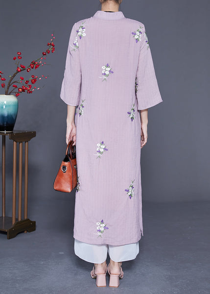 Vintage Purple Embroideried Chinese Button Linen Long Dresses Bracelet Sleeve LY1845
