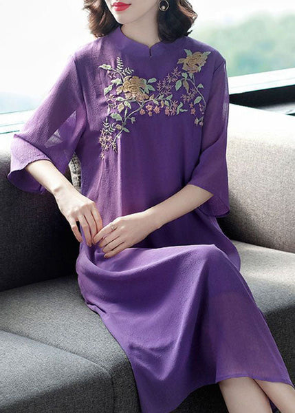 Vintage Purple Mandarin Collar Embroideried Silk Long Dress Summer FR2017
