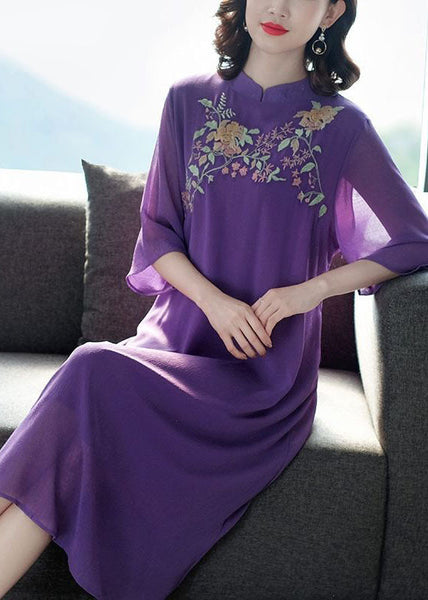 Vintage Purple Mandarin Collar Embroideried Silk Long Dress Summer FR2017