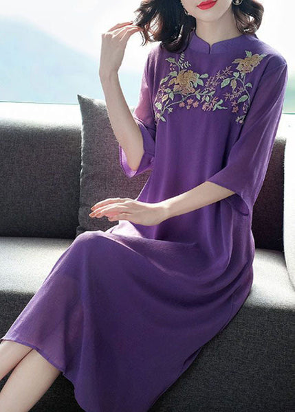 Vintage Purple Mandarin Collar Embroideried Silk Long Dress Summer FR2017