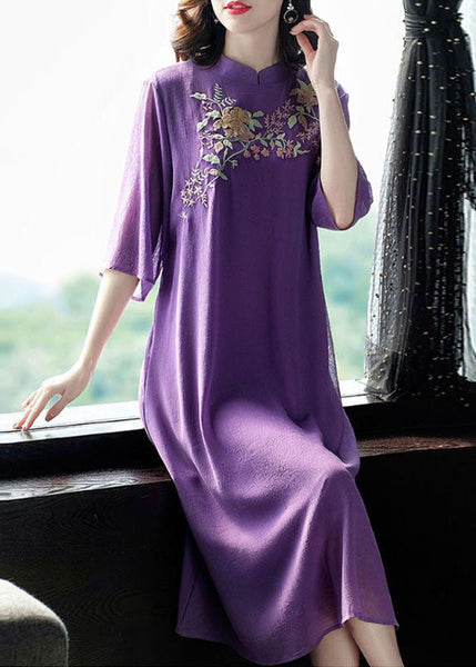 Vintage Purple Mandarin Collar Embroideried Silk Long Dress Summer FR2017