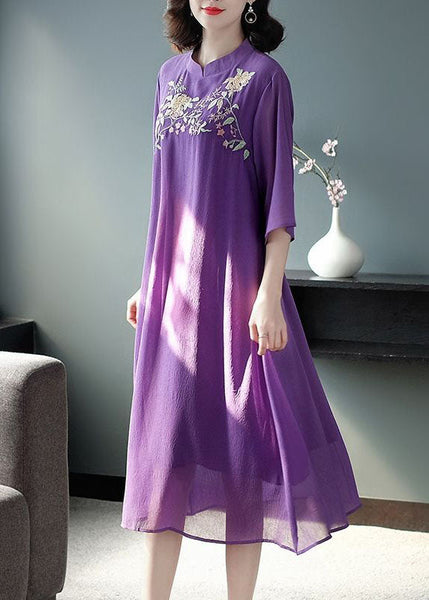 Vintage Purple Mandarin Collar Embroideried Silk Long Dress Summer FR2017