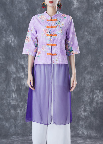 Vintage Purple Print Patchwork Chinese Button Linen Top Half Sleeve TA1059