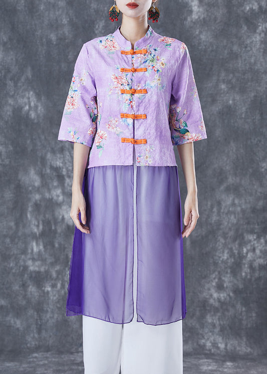 Vintage Purple Print Patchwork Chinese Button Linen Top Half Sleeve TA1059