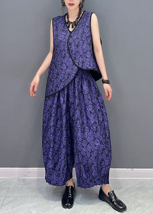 Vintage Purple Sleeveless Vest Tops And Pants Cotton Two Piece Set Women Clothing LC0354