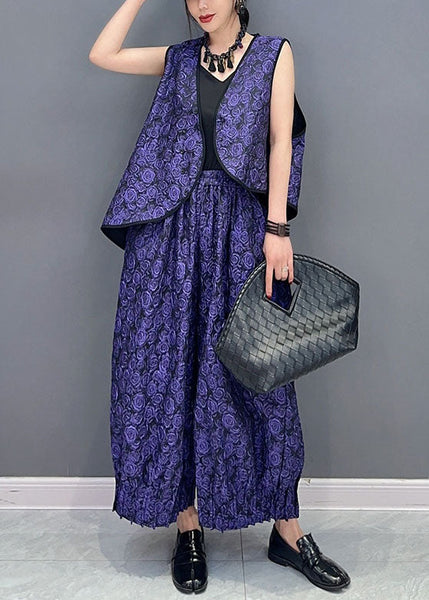 Vintage Purple Sleeveless Vest Tops And Pants Cotton Two Piece Set Women Clothing LC0354